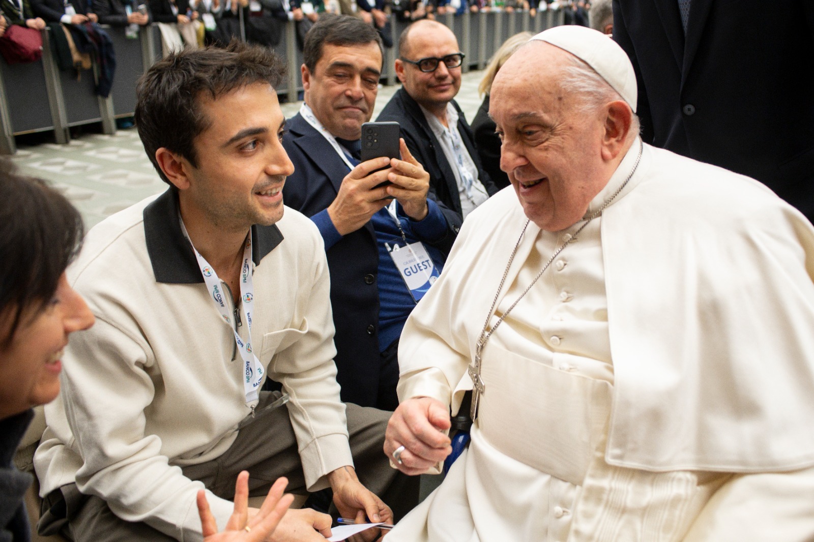 Giacomo speaking with Pope Francis
